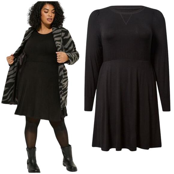 Torrid NWT Mini Super Soft Long Puff Sleeve Skater Dress Black Pockets Size 3X - Picture 2 of 6